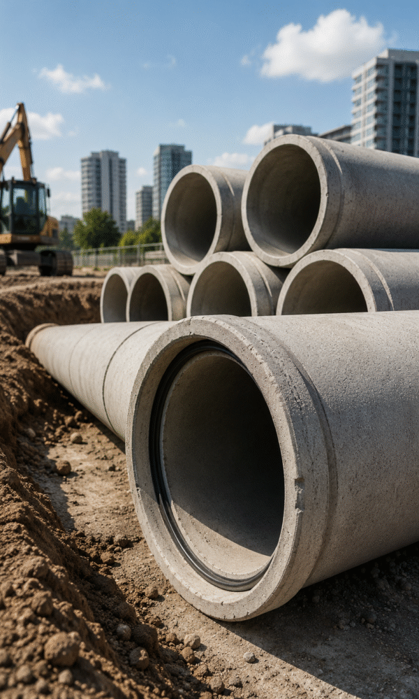 Şehir altyapı projesinde kullanılan büyük çaplı beton borular