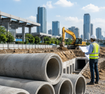 Altyapı şantiyesinde beton boruları inceleyen mühendis