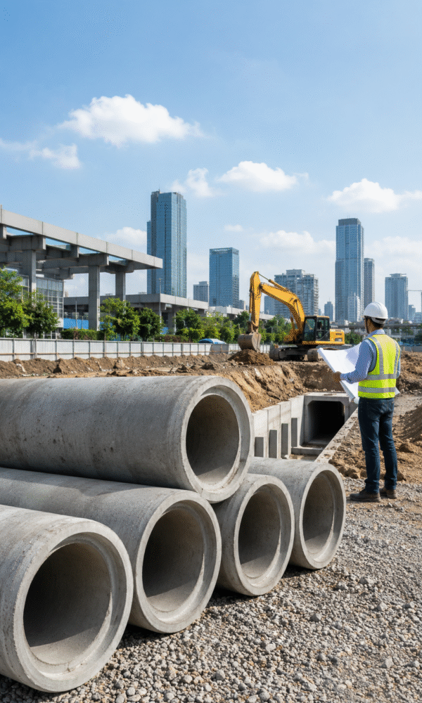 Altyapı şantiyesinde beton boruları inceleyen mühendis