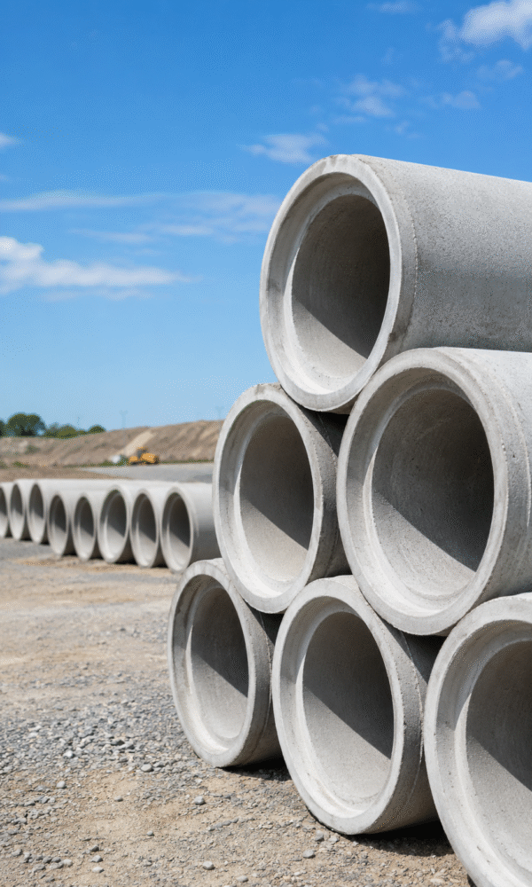 Açık alanda istiflenmiş dayanıklı beton borular