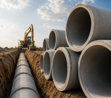 Modern altyapı projesinde kullanılan beton borular ve kanalizasyon hattı çalışmasını gösteren görsel.