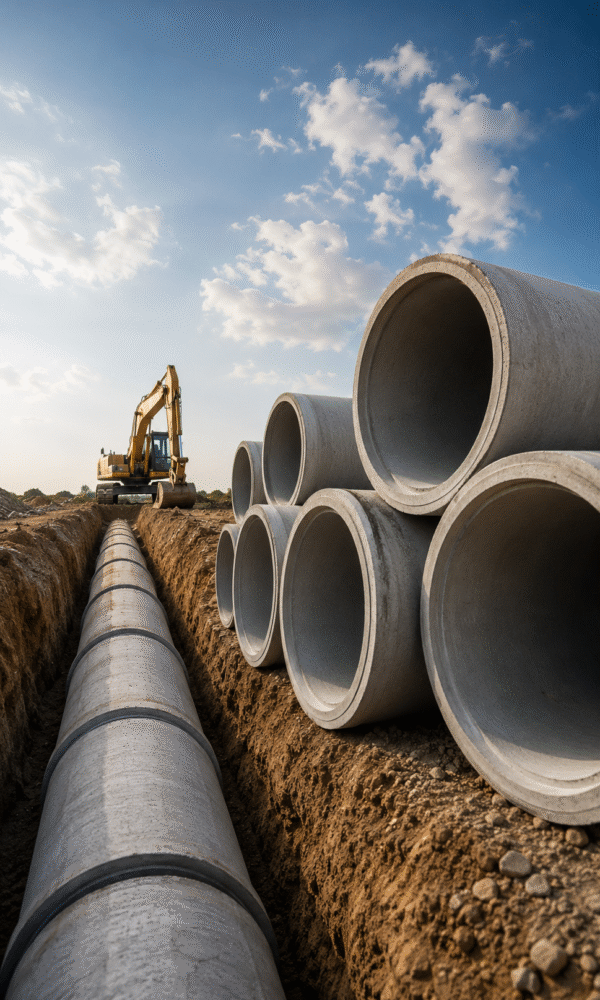 Modern altyapı projesinde kullanılan beton borular ve kanalizasyon hattı çalışmasını gösteren görsel.